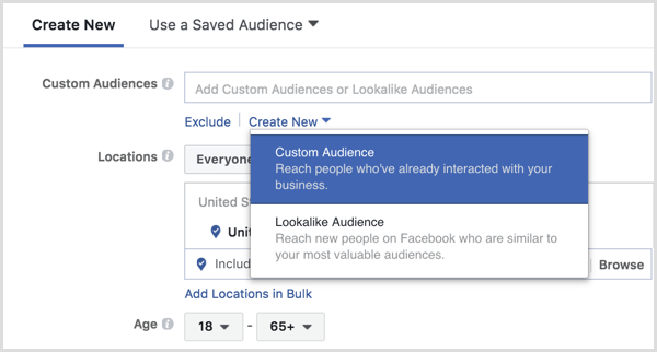 Facebook Ads Manager crea un pubblico personalizzato durante la configurazione dell'annuncio