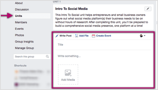 Fai clic sull'unità del tuo gruppo Facebook e scrivi un post, aggiungi un file o crea un evento.