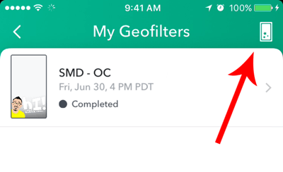 Se hai già creato un geofiltro Snapchat, tocca l'icona di creazione nella parte superiore dello schermo.