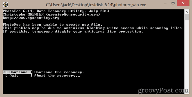 PhotoRec non è stato in grado di creare un nuovo file. Questo problema potrebbe essere dovuto al blocco dell'accesso in scrittura da parte dell'antivirus durante la scansione dei file. Se possibile, disabilitare temporaneamente la protezione antivirus dal vivo
