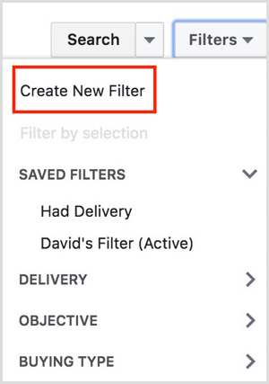 Facebook Ads Manager crea un nuovo filtro