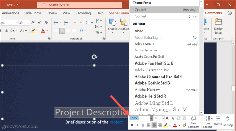 Caratteri nella barra degli strumenti in PowerPoint su Windows