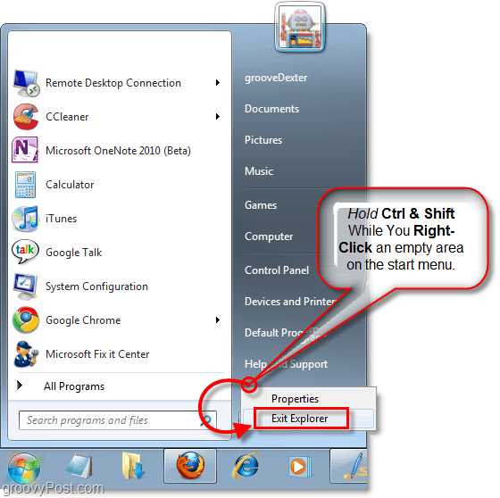 tieni premuti i tasti e fai clic con il pulsante destro del mouse sul menu Start per uscire da Esplora risorse in Windows 7