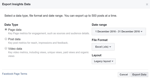 Scegli il tipo di dati, l'intervallo, il formato del file e il layout per i tuoi dati di Facebook Insights.