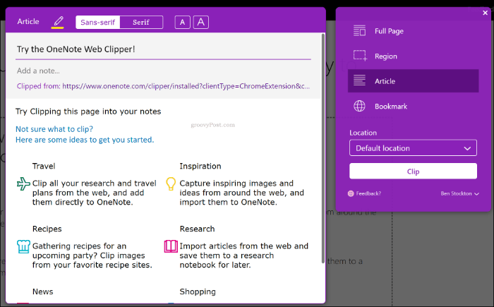 Estensione di OneNote Web Clipper in Google Chrome