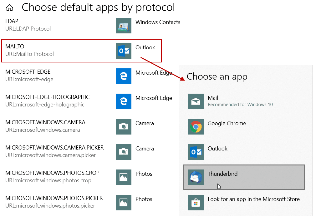 Imposta l'app di posta elettronica predefinita tramite protocollo Windows 10
