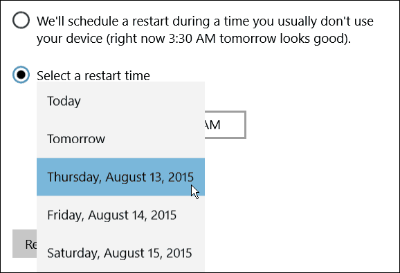 Pianifica il giorno di riavvio di Windows 10