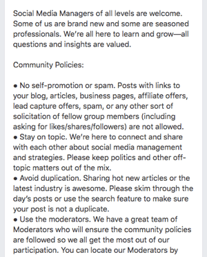 Ecco un esempio delle regole di gruppo di Facebook.