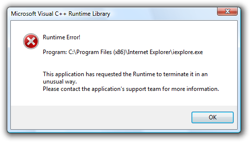 Internet Explorer 8 (IE8) Libreria di runtime di Microsoft Visual C ++: errore di runtime!
