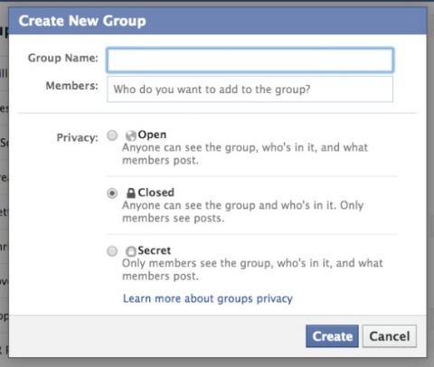 schermata di configurazione del gruppo Facebook