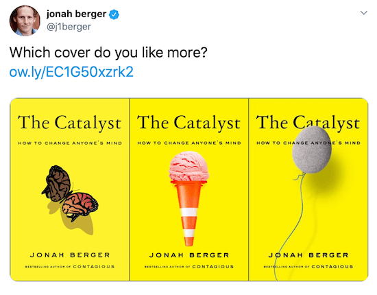 Jonah Berger ha twittato con le immagini di tre possibili copertine di libri