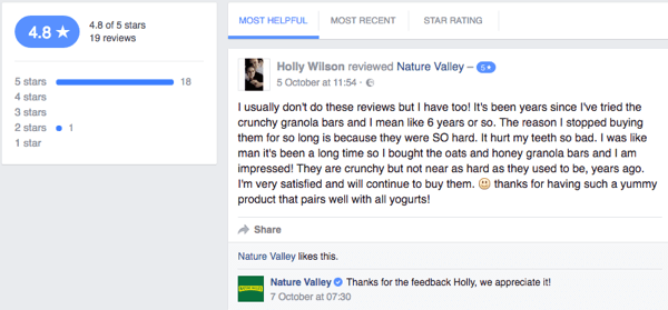Un cliente di Nature Valley lascia una recensione del cliente sulla pagina Facebook dell'azienda.
