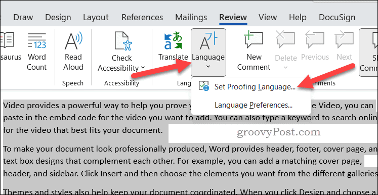 Imposta il pulsante della lingua di correzione in Word