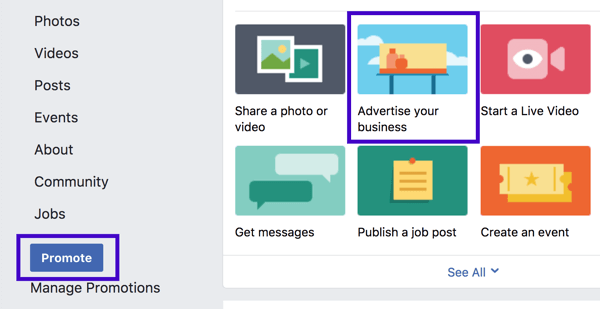 Puoi impostare una promozione aziendale locale di Facebook dalla barra laterale sinistra o dalle opzioni di pubblicazione della pagina.