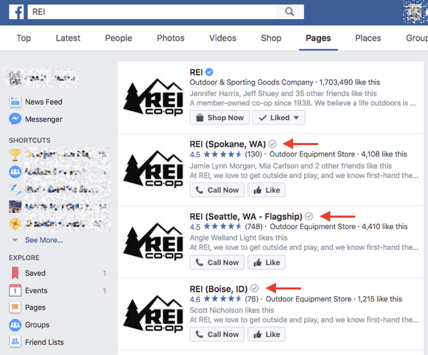Le attività commerciali locali verificate su Facebook ricevono un badge di verifica grigio accanto al loro nome nei risultati di ricerca e sulla loro pagina.