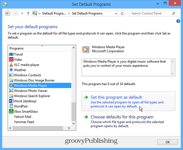 Imposta Windows Media Player come predefinito in Windows 8