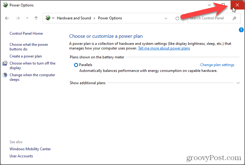 Chiudi la schermata Opzioni risparmio energia nel Pannello di controllo in Windows 11