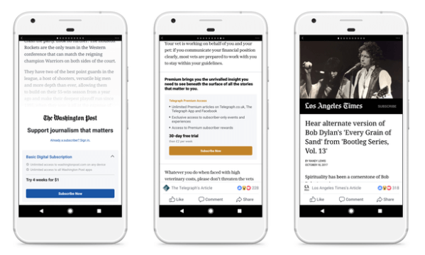Facebook sta testando paywall e modelli di abbonamento per articoli istantanei con un piccolo gruppo di editori negli Stati Uniti e in Europa.