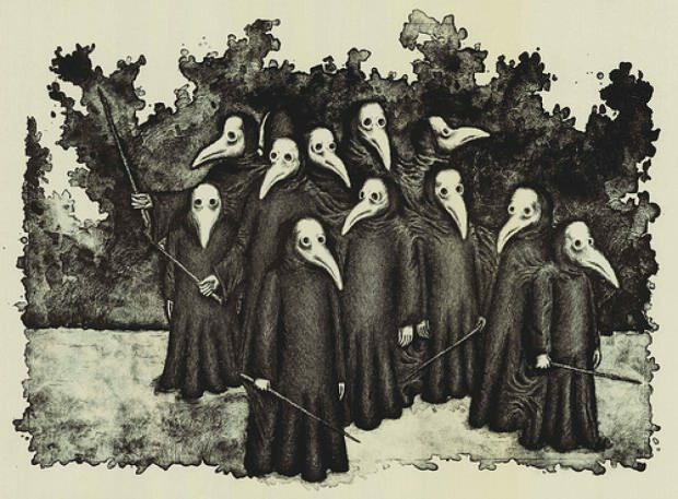 Metodo illustrato di protezione dalla peste, che si è diffuso nel Medioevo, le persone hanno impedito la diffusione di batteri con queste maschere