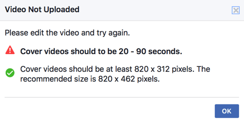 Se il tuo video di copertina non soddisfa già gli standard tecnici di Facebook, non sarai in grado di caricarlo direttamente come video di copertina della tua pagina.
