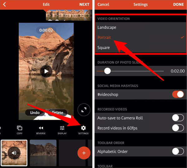 Modifica i video clip orizzontali, verticali e quadrati con l'app Videoshop.