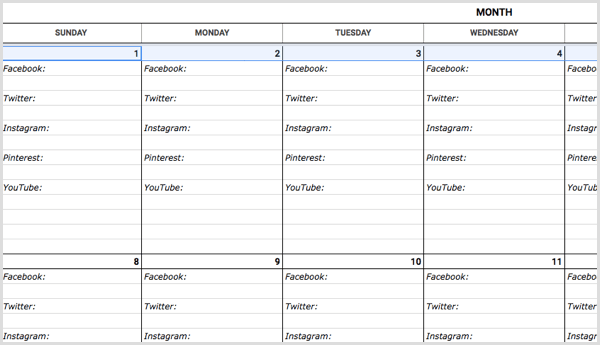 modello di calendario dei social media