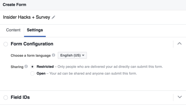 Puoi selezionare una lingua per il tuo modulo per i lead di Facebook.