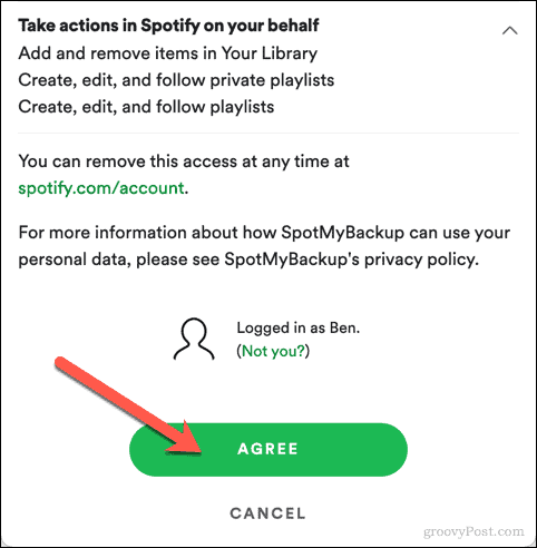 Approvazione dell'accesso SpotMyBackup a Spotify