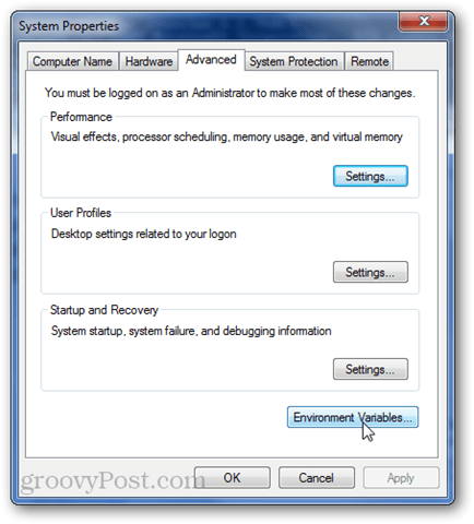 Variabili d'ambiente di Windows 7