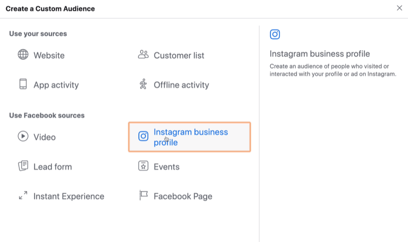 seleziona Instagram Business come fonte per il pubblico personalizzato di Facebook
