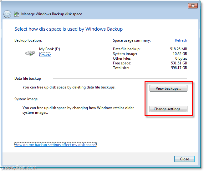 Backup di Windows 7: visualizza il backup o modifica le impostazioni per regolare le dimensioni