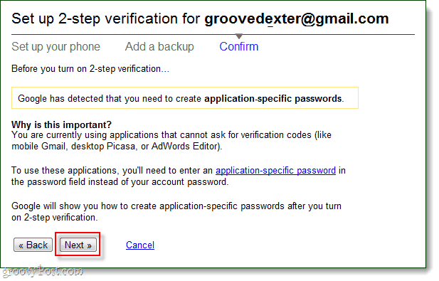 confermare che verranno utilizzate password specifiche dell'applicazione