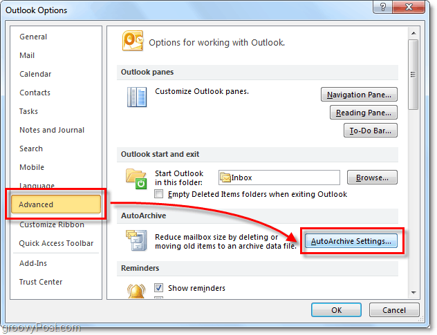 Avanzate> Impostazioni di archiviazione automatica in Outlook 2010