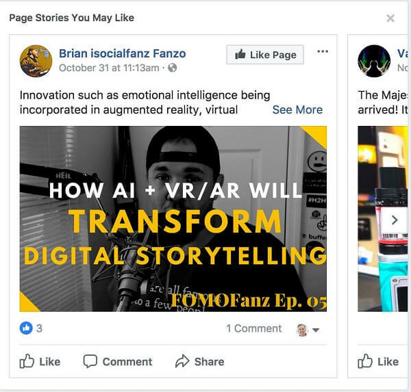 Facebook consiglia "Storie di pagine che potrebbero piacerti" tra i post nel tuo feed di notizie.