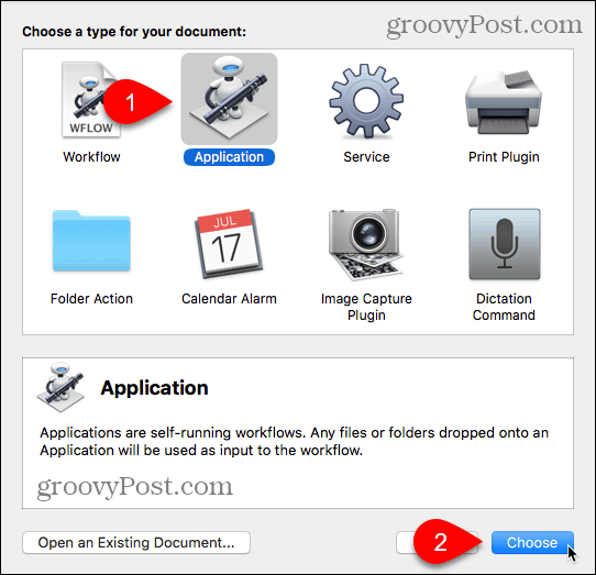 Scegli il tipo di applicazione in Automator per Mac