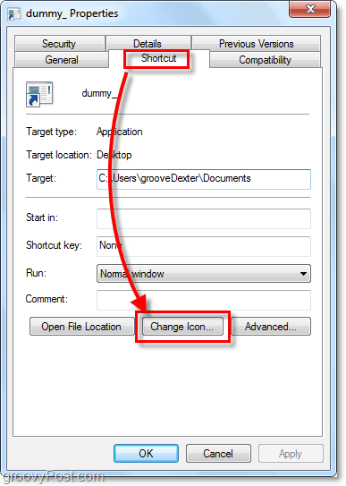 cambia un'icona di collegamento Windows 7