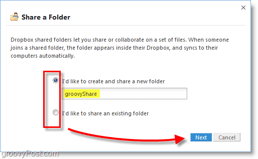 Schermata di Dropbox: crea una nuova cartella di condivisione Dropbox