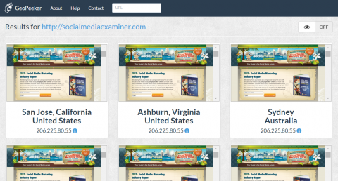 GeoPeeker consente agli sviluppatori web e ai proprietari di siti di visualizzare in remoto un sito da diverse posizioni geografiche in tutto il mondo.