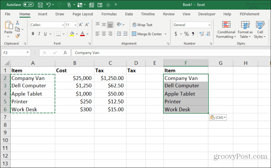 incollare le larghezze delle colonne in Excel