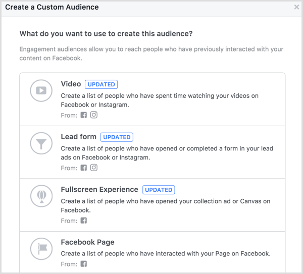 Facebook crea un pubblico personalizzato di coinvolgimento della pagina