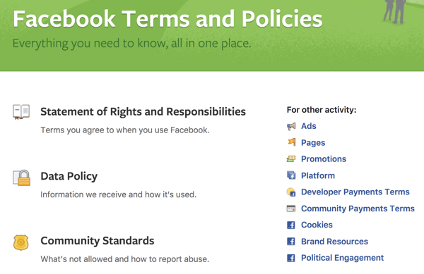 Facebook delinea tutti i termini e le politiche che devi conoscere.
