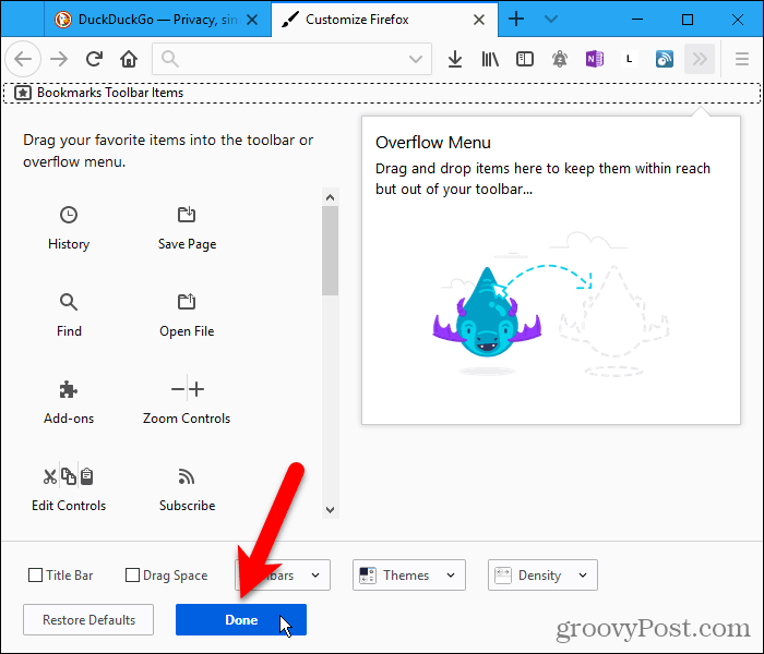 Fai clic su Fine nella scheda Personalizza Firefox