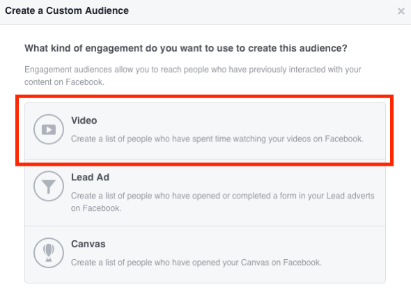 Seleziona Video per il tuo pubblico video personalizzato di Facebook.