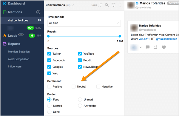 Filtra le menzioni del marchio per sentiment negativo, positivo e neutro in Awario.