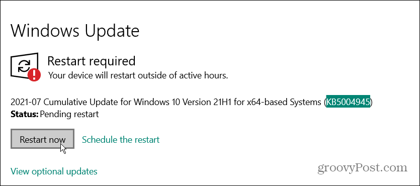 riavvia l'aggiornamento di emergenza di Windows 10