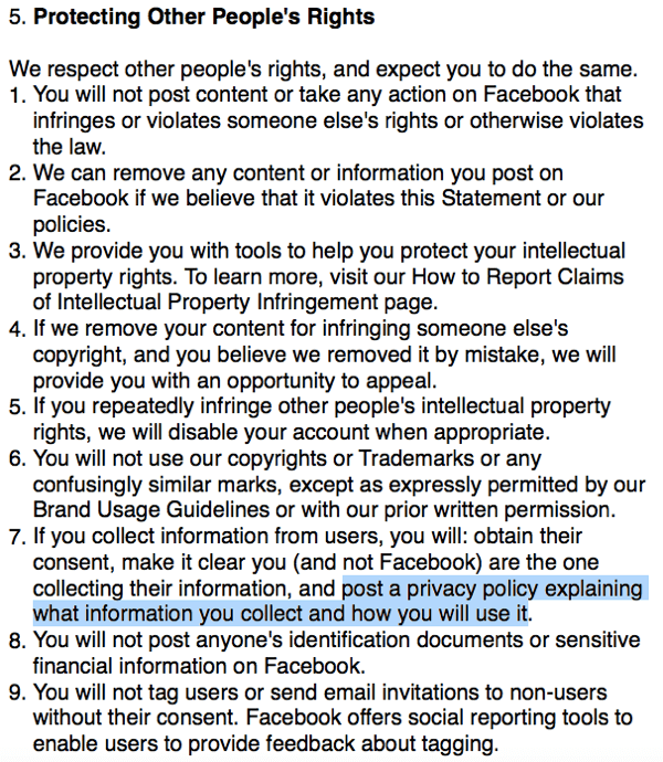 Termini di Facebook che delineano i requisiti della politica sulla privacy.