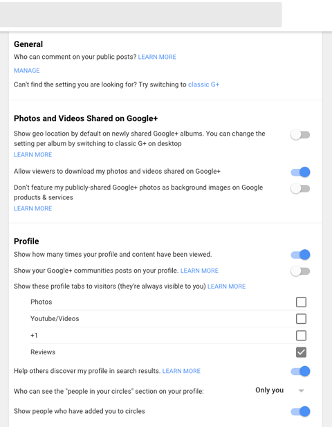 nuove impostazioni del profilo google plus