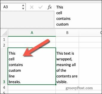 Avvolgere il testo in Excel utilizzando le interruzioni di riga.