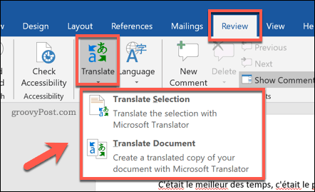 Opzioni per la traduzione di un documento di Word