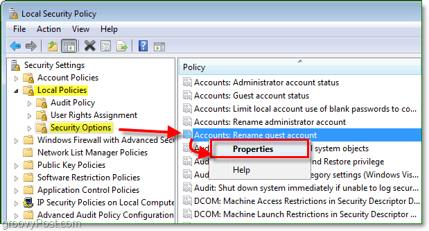come modificare il nome dell'account dell'account guest in Windows 7 tramite la politica di sicurezza locale